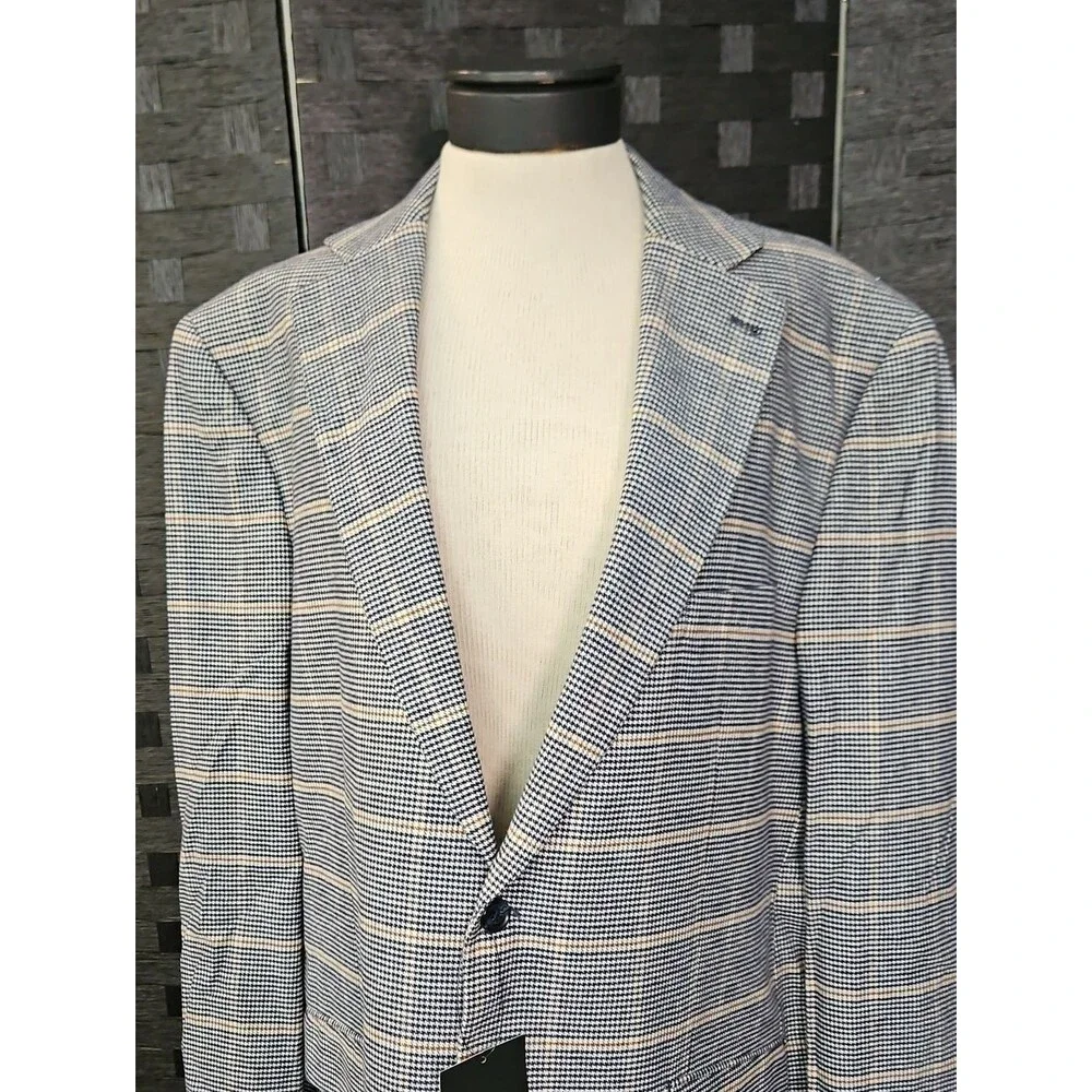 NWT Paul Fredrick Navy & Tan Plaid Blazer Men's 52L